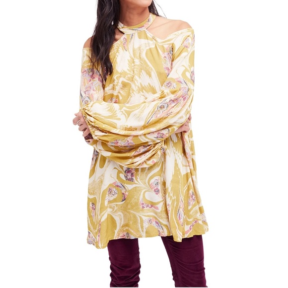 Free People yellow green abstract Drift Away cold shoulder tunic mini dress sz S - Picture 1 of 10